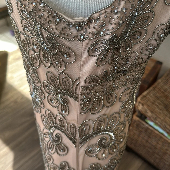 Beaded evening gown nude sheer wedding formal sleeveless natural size 10 dress - Picture 6 of 13